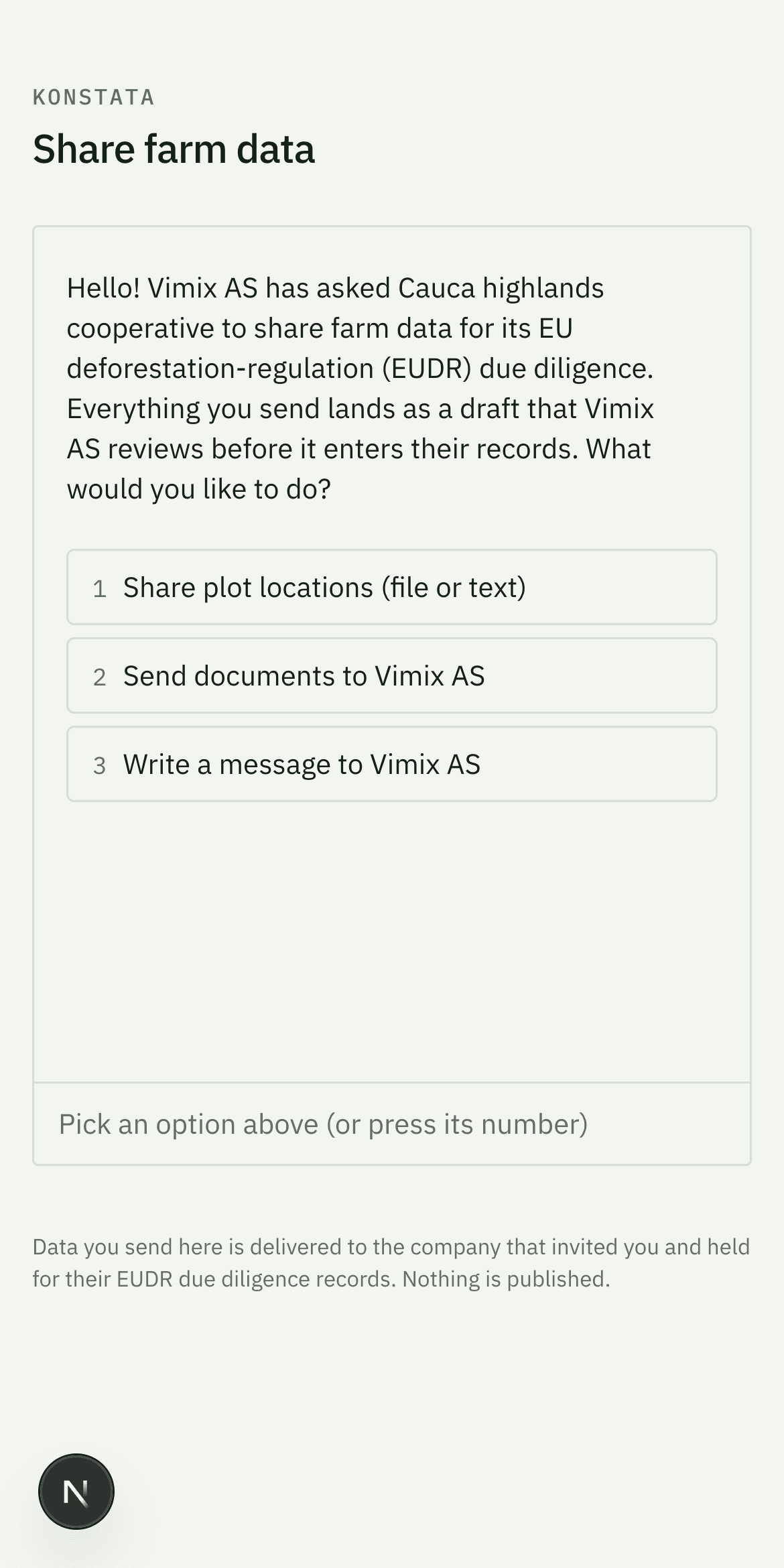 The supplier intake link: a guided flow where a cooperative delivers plot data from a phone, without an account