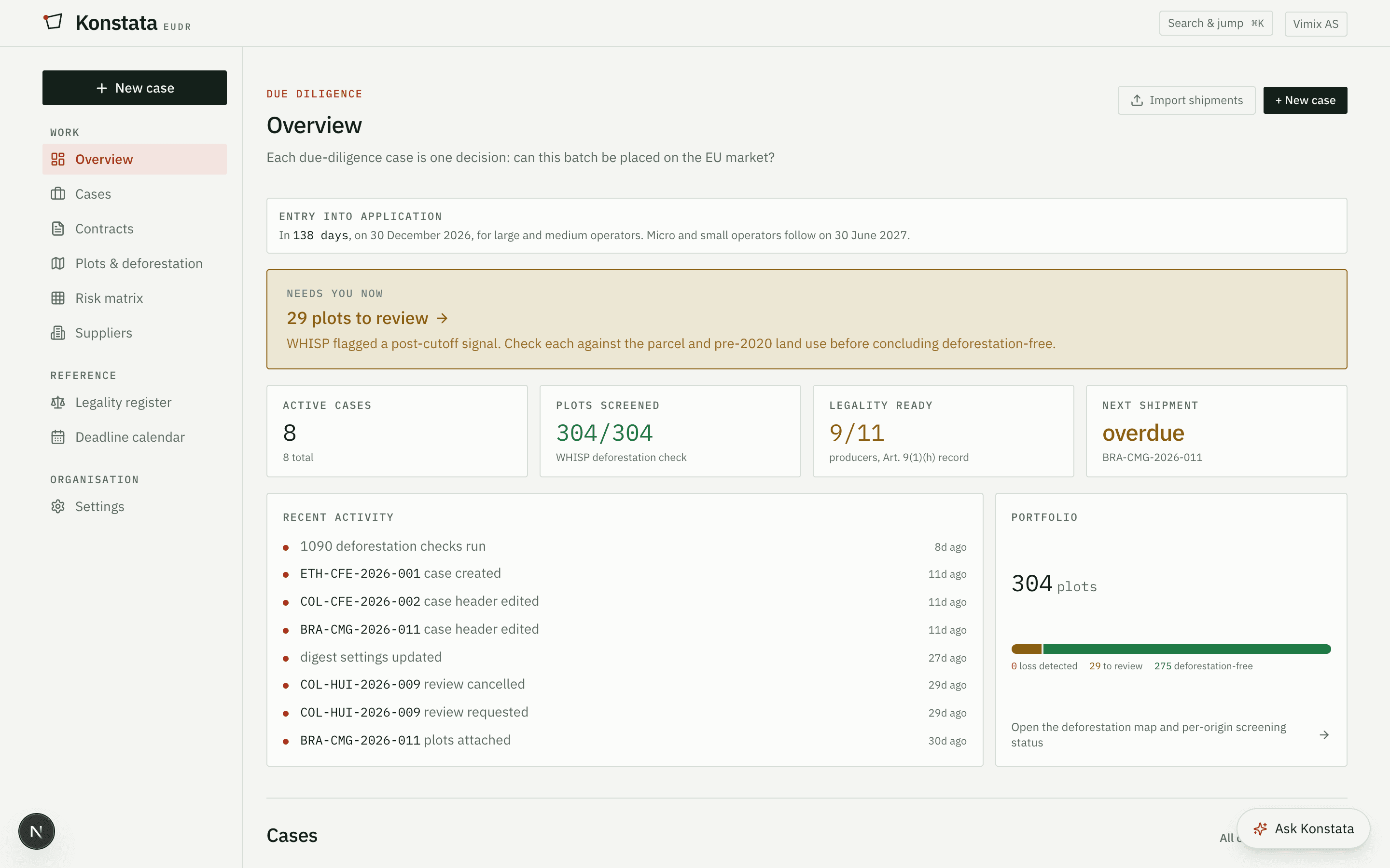 Konstata overview: due-diligence cases, plots screened, legality status and upcoming shipments