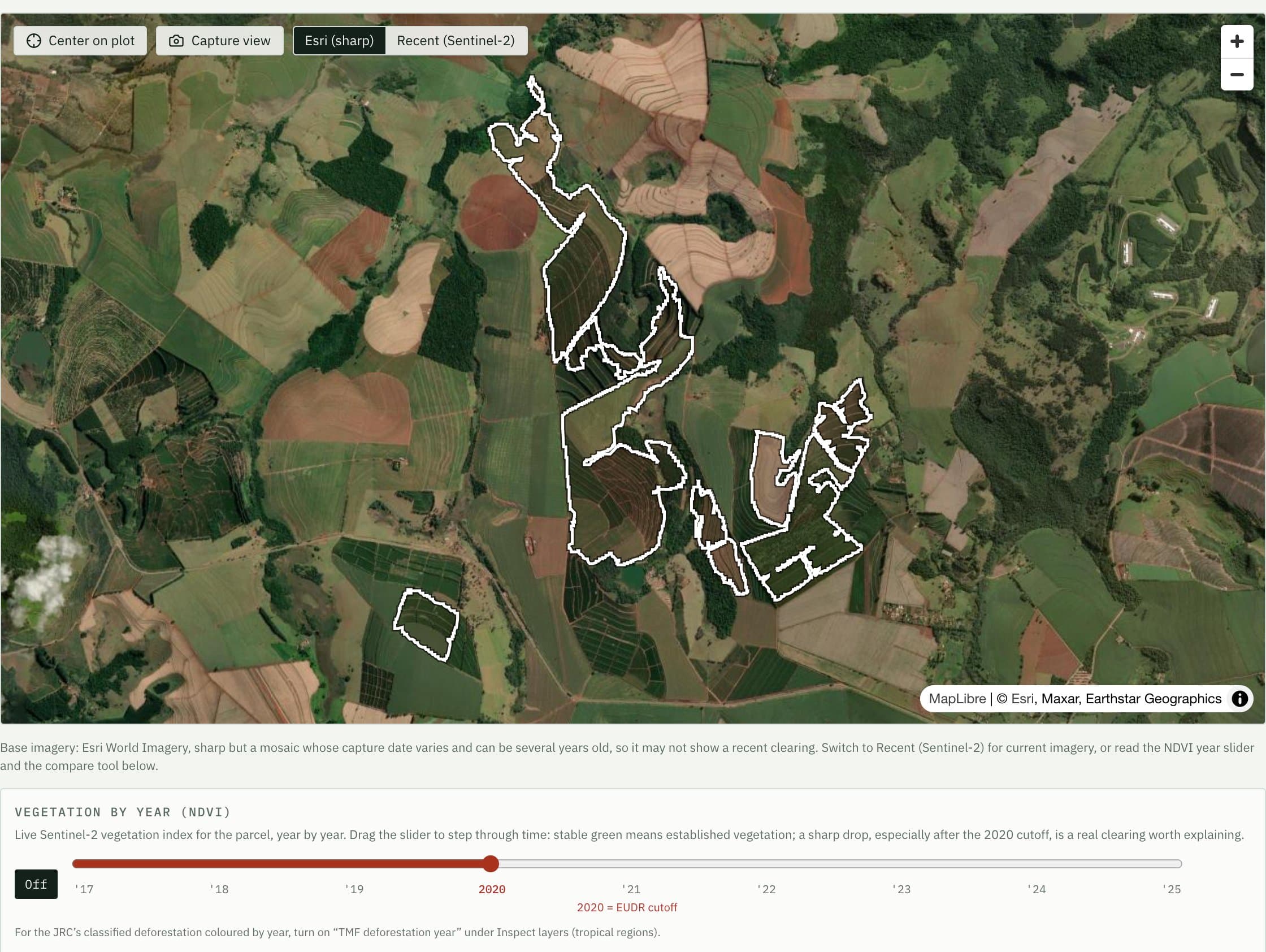 The plot page for the held coffee block: the six-field boundary over sharp satellite imagery, with the year-by-year vegetation slider and the 2020 EUDR cutoff marked